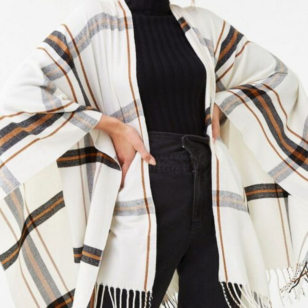 Plaid Shawl With Fringe Trim